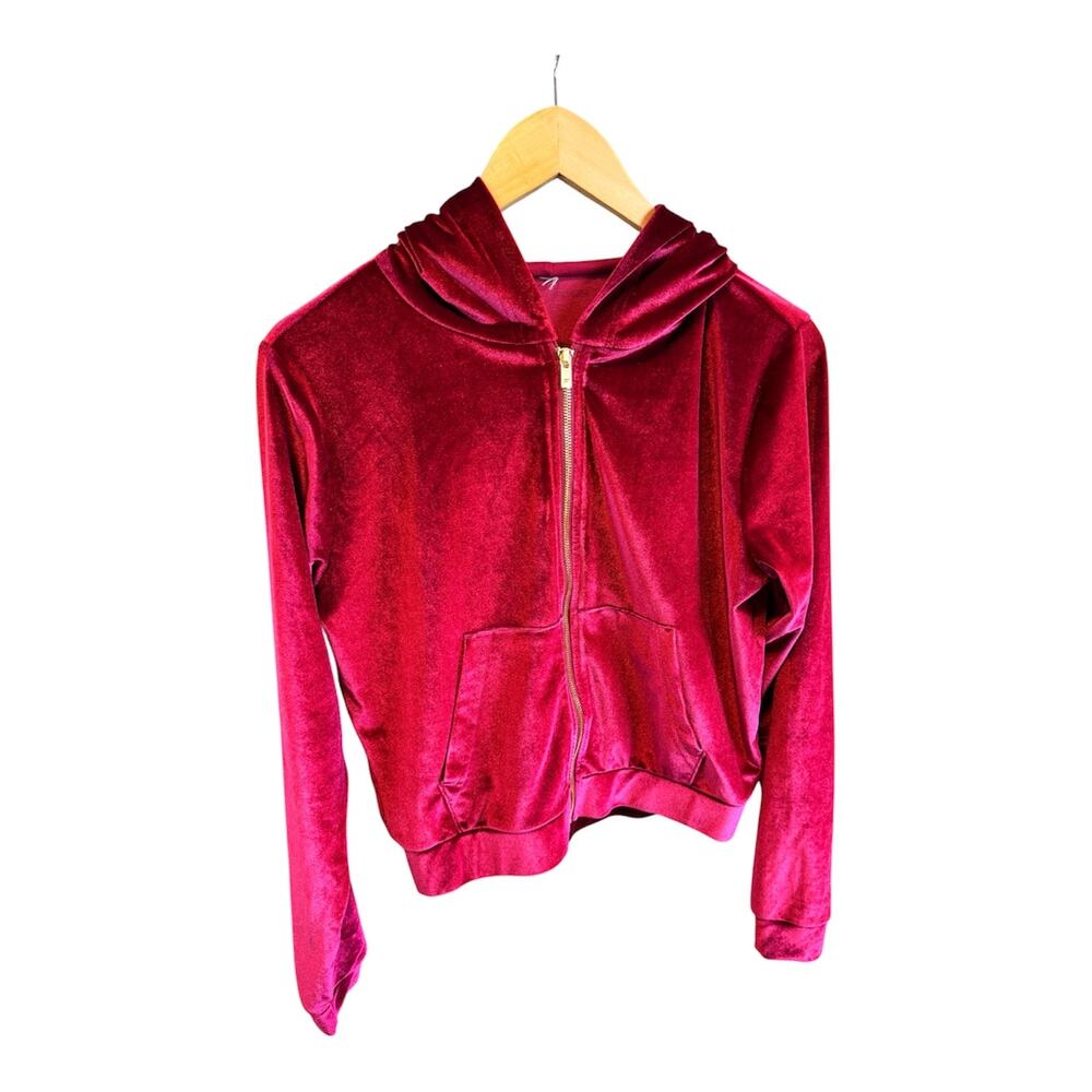 Burgundy Velour Zip-Up Hoodie — Women's Small